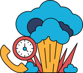 A black and white drawing of a clock and a phone with a cloud in the background