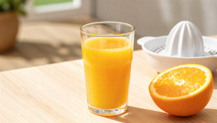 a glass of freshly squeezed orange juice on a light-colored wooden table. 