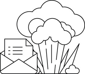 A white and black drawing of a cloud with a letter in an envelope