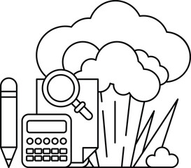 A black and white drawing of a calculator, a magnifying glass, a pencil