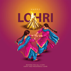 Happy Lohri festival of Punjab India background. group of people playing lohri dance. vector illustration banner design