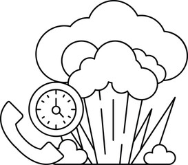 A black and white drawing of a clock and a phone with a cloud in the background