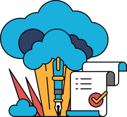 A tree with a pen and a piece of paper with a check mark on it