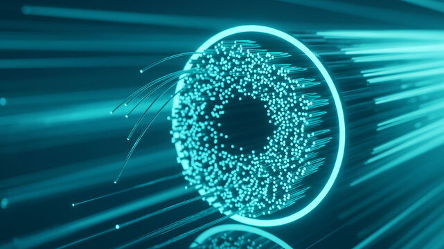 Macro Fiber Optic Cable Bundle Ends Glowing Cyan Blue, High Speed Internet Data Transfer Concept