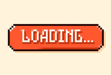 Pixel art Loading Speech bubble. White text on red background.