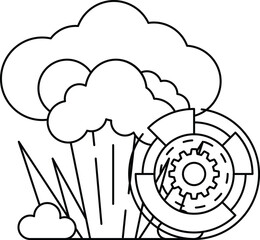A black and white drawing of a cloud with a large explosion in the middle