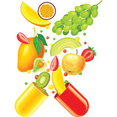 Vibrant Assortment of Fresh Fruits and Vegetables Exploding from a Red and Yellow Capsule Representing Health and Nutrition