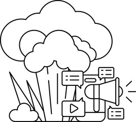 A black and white drawing of a cloud with a camera and a microphone