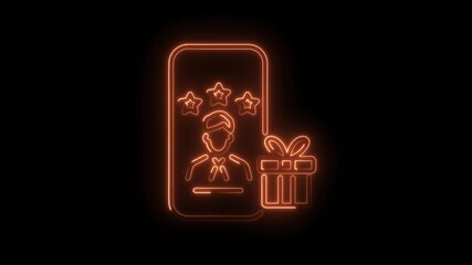 Glowing neon icon of employee rewards program and gift on black background