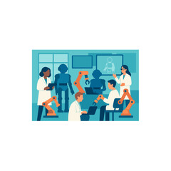 Robotics Laboratory Teamwork Scientists and Engineers Collaborating with Industrial Robots in a Modern Factory
