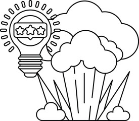 A light bulb is surrounded by three stars and is above a cloud