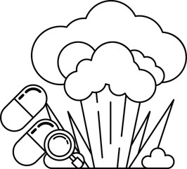 A black and white drawing of a cloud with a pill bottle and a magnifying glass