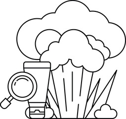 A black and white drawing of a cloud with a magnifying glass
