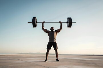 Outdoor strength training moment as a determined athlete lifts a barbell overhead on a concrete surface under a clear sky with mountain views