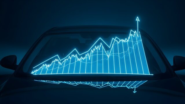 Dynamic neon blue financial graph illustrating continuous growth and success trends on vehicle