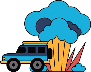 A black and white drawing of a car with a cloud of smoke coming out of it