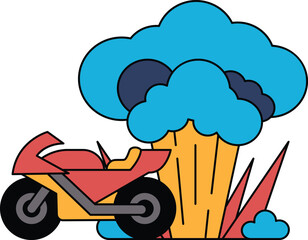 A black and white drawing of a motorcycle with a cloud of smoke behind it