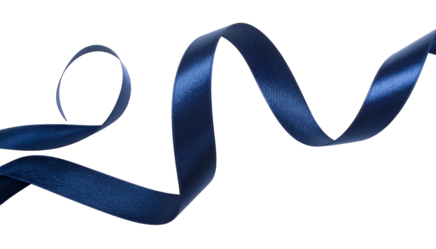 Dark blue ribbon curl, isolated mid-air, elegant fabric texture, floating gracefully on a clean white background, showcasing smooth silky material, gentle curves, delicate folds, versatile decorative 