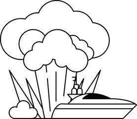 A boat is in the water with a cloud of smoke in the background