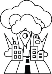 A cityscape with a large cloud in the background