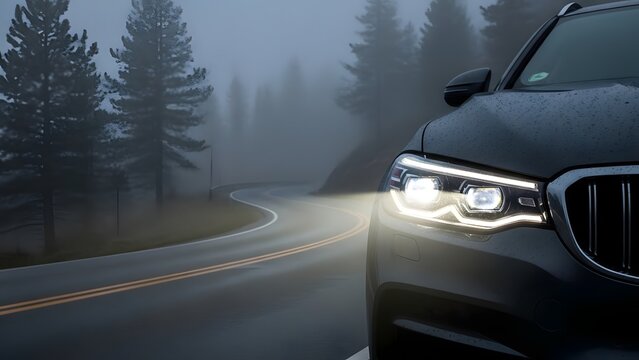 Car driving through a winding foggy forest road with headlights illuminating the way ahead