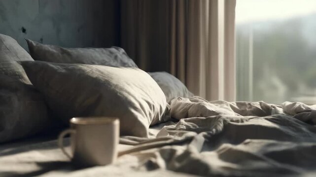 A mug sits on rumpled bed sheets in a sunlit bedroom with pillows and a window casting soft daylight.