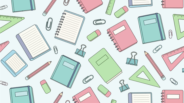 Brighten up your designs with this vibrant flat design, showcasing a repeating pattern of cute, hand-drawn pastel school and stationery doodles. Its minimalist style and soft colors bring a cheerful 
