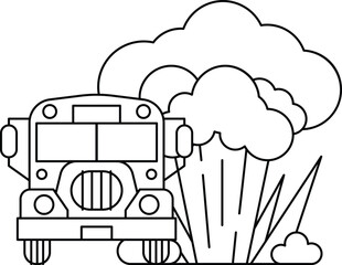 A bus is driving through a cloud of smoke