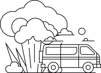 A black and white drawing of a van with smoke coming out of the back