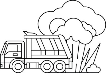 A black and white drawing of a dump truck with smoke coming out of it