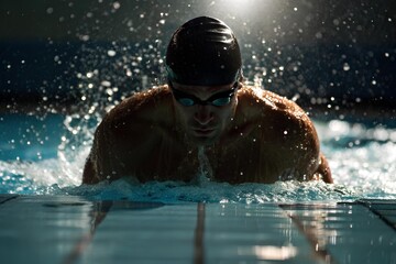 Swimmer executing a powerful butterfly stroke in a lit pool, showcasing precision, strength, and competitive aquatic motion
