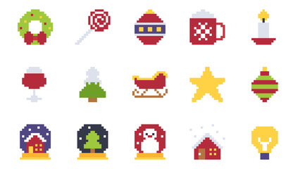 Fototapeta premium Christmas 8bit Pixel Art Large Icon Set with Festive Winter Decorations and Holiday Symbols