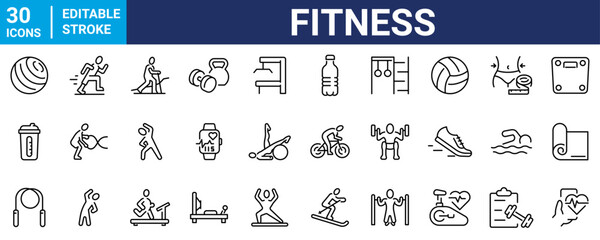 Fitness web line icons. Editable stroke. Gym and health care. Healthy lifestyle icons. Nutrition and dieting, training, body care. Vector illustration