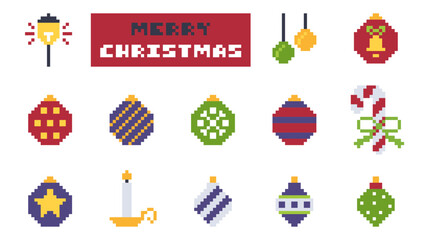 Fototapeta premium Retro Pixel Christmas Ornament Collection with Festive Balls and Candles