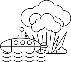 A submarine is in the water and a cloud of smoke is rising from the ocean