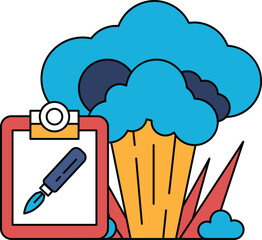 A black and white drawing of a clipboard with a pen on it