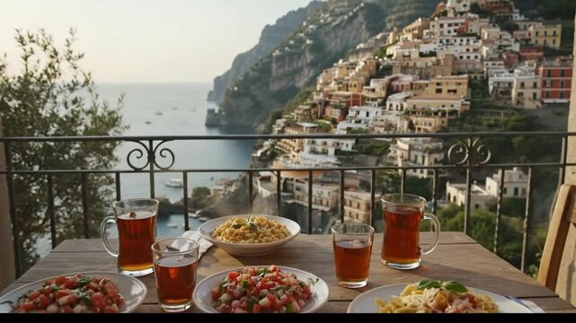 Al Fresco Dining with Stunning Mediterranean Coastal Town View: Delicious Meal on a Balcony Overlooking the Azure Sea and Picturesque Cliffside Vil...