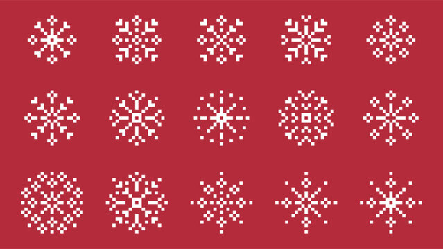 Pixel Snowflake Set of Decorative Winter Icons on Red Background