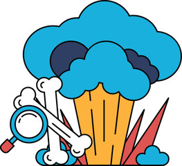 A black and white drawing of a cloud with a skull and a magnifying glass