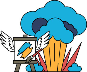 A painting of a cloud with a brush and a palette on the ground