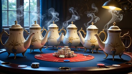 Elegant Teapots on a Poker Table, a strange game of chance and refined beverage