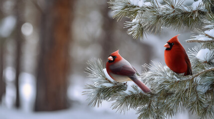 Two vibrant red cardinals perched on snowy pine branches in winter forest, peaceful and serene atmosphere