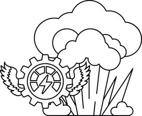 A black and white drawing of a cloud with a gear and a lightning bolt