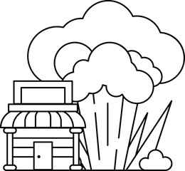 A black and white drawing of a small building with a sign on the front