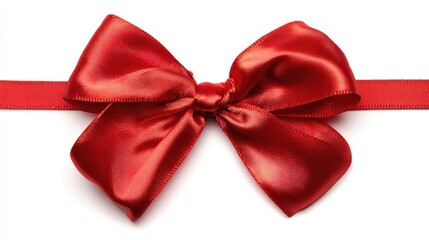 Luxurious bright red satin gift bow and ribbon isolated on a white background, featuring elegant texture and sheen. Ideal decoration element for Christmas, Valentine's Day, and celebrations.