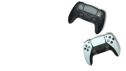 Wireless gaming controllers flying in air isolated on white background, symbolizing gaming technology concept