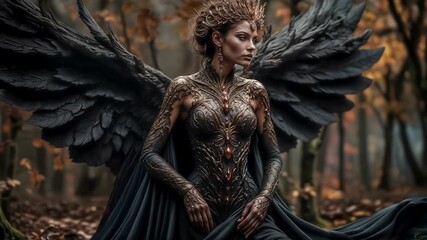 Beautiful and mysterious maiden of the forest, wood angel with black wings.