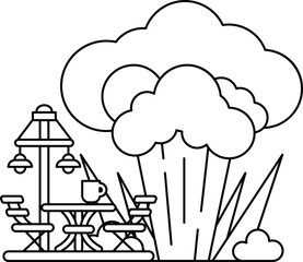 A black and white drawing of a picnic area with a table and chairs, a cup