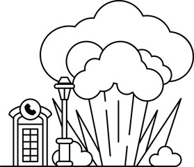 A black and white drawing of a city with a telephone booth, a lamp post