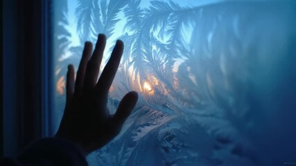 A hand pressed against a frost-covered window, ice-crystal patterns illuminated by a blue glow with a warm light behind. - Powered by Adobe
